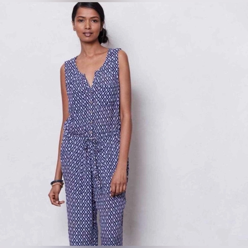 Anthropologie Lilka Geometric Print Jumpsuit Blue V-Neck Sleeveless Size Medium